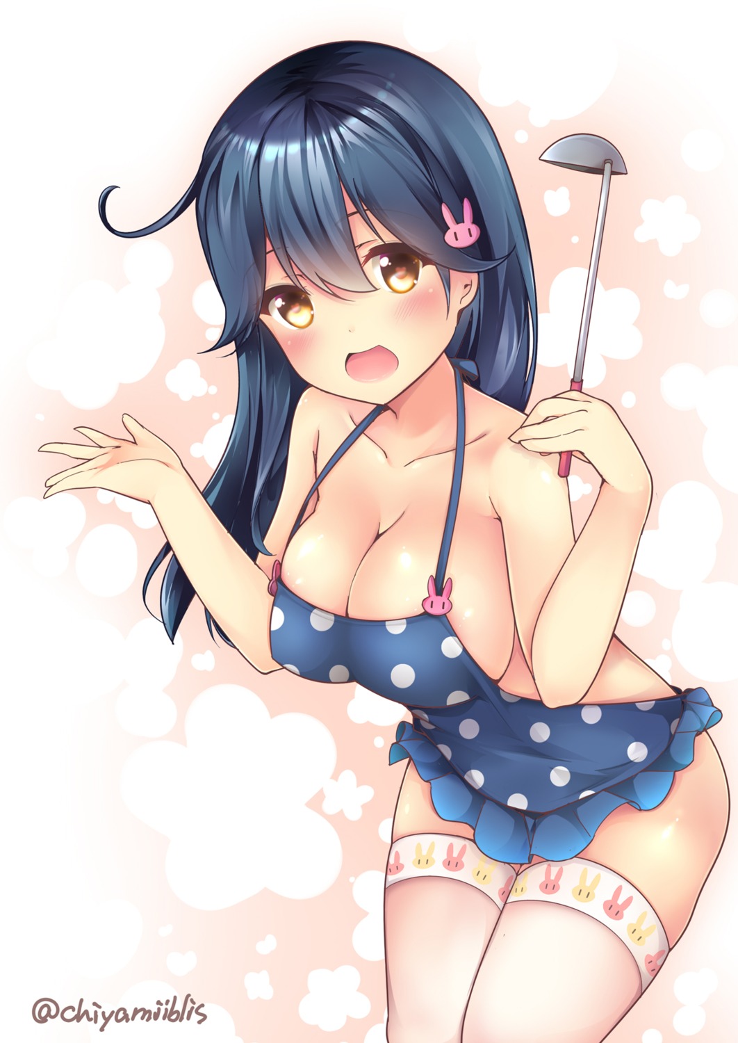 chiyami cleavage kantai_collection naked_apron thighhighs ushio_(kancolle)