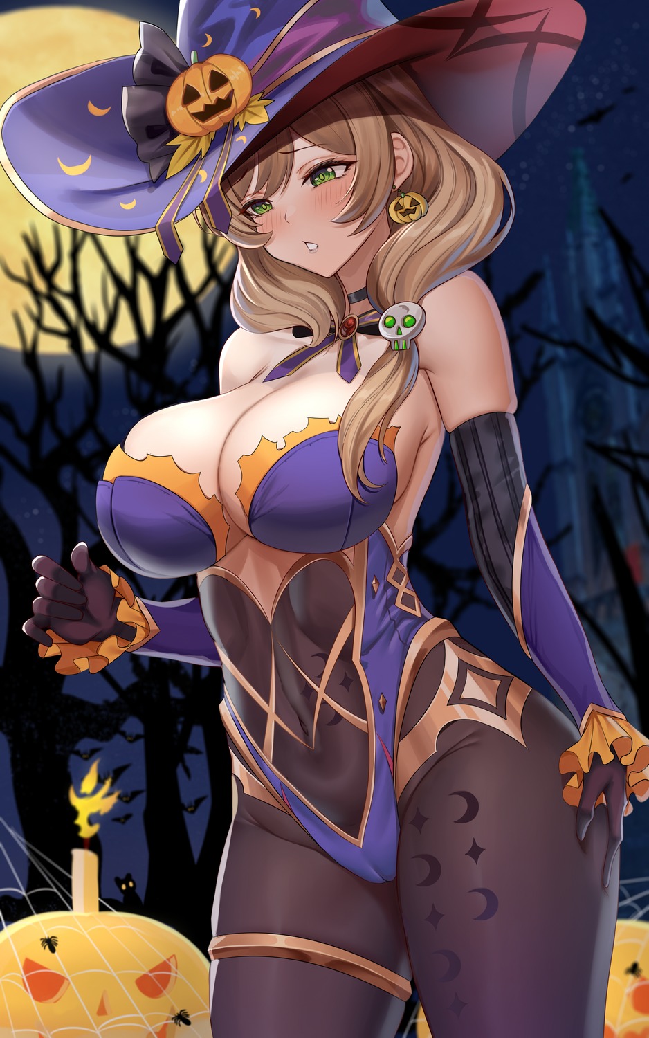 cameltoe cosplay garter genshin_impact halloween leotard lisa_(genshin_impact) mona_megistus no_bra pantyhose piukute062 witch