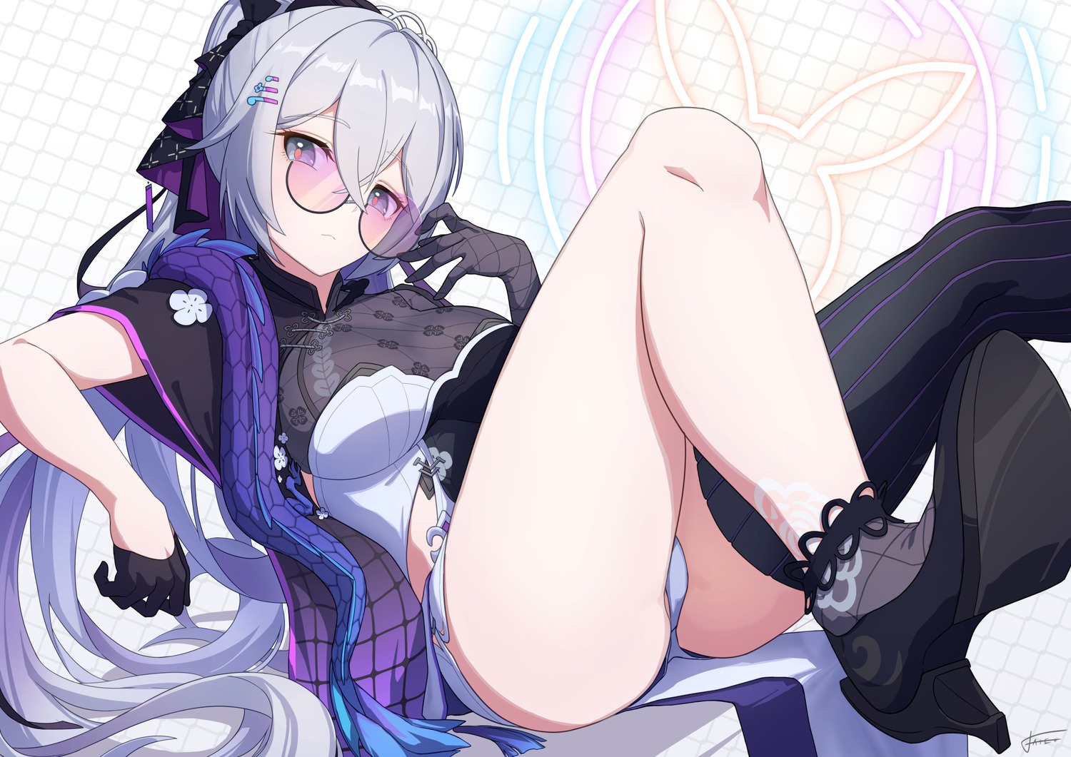 asian_clothes benghuai_xueyuan bronya_zaychik heels honkai_impact megane pantsu skirt_lift thighhighs thong xfate