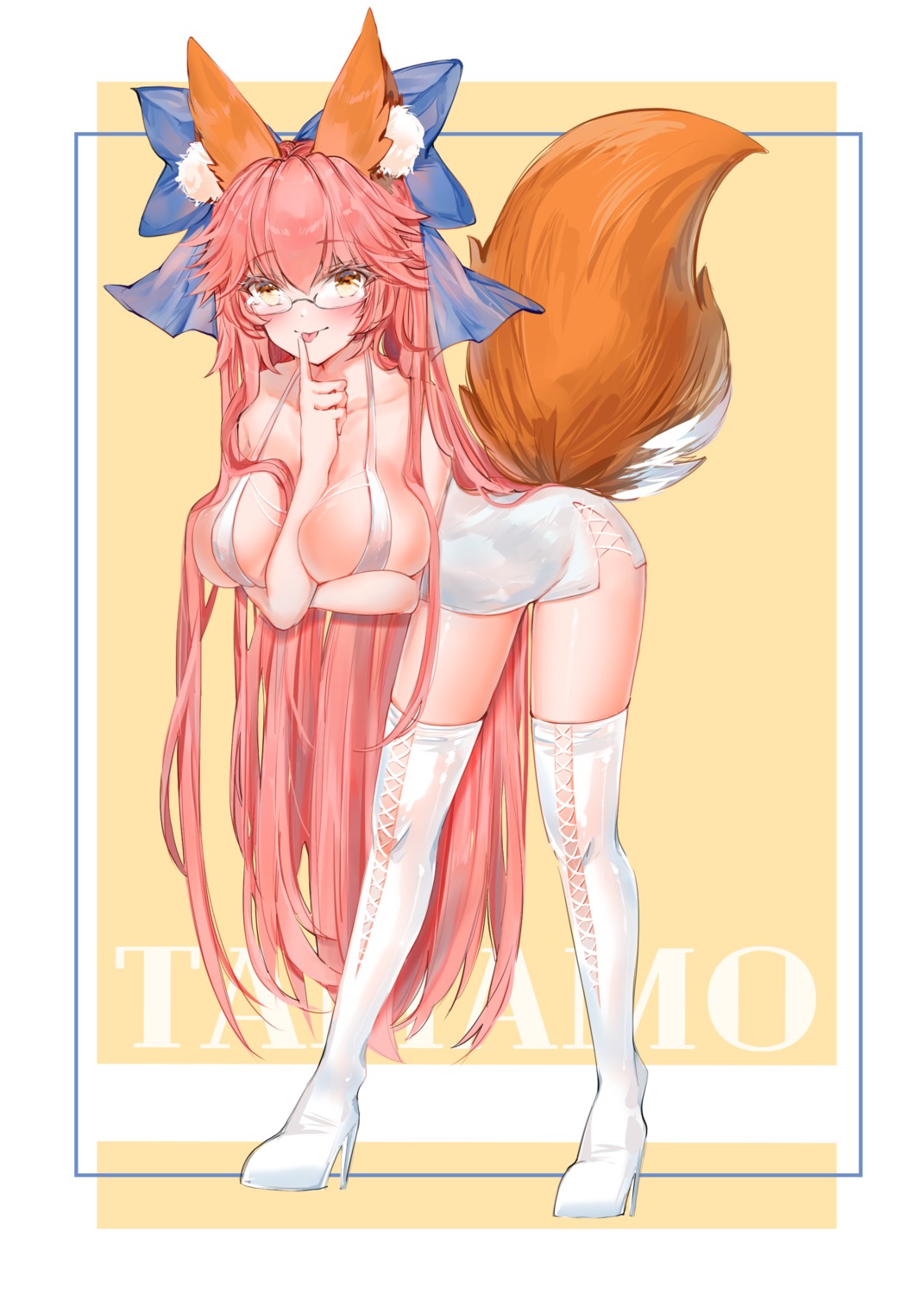 animal_ears breast_hold fate/grand_order heels kitsune megane no_bra tail tamamo_no_mae thighhighs yukineko1018