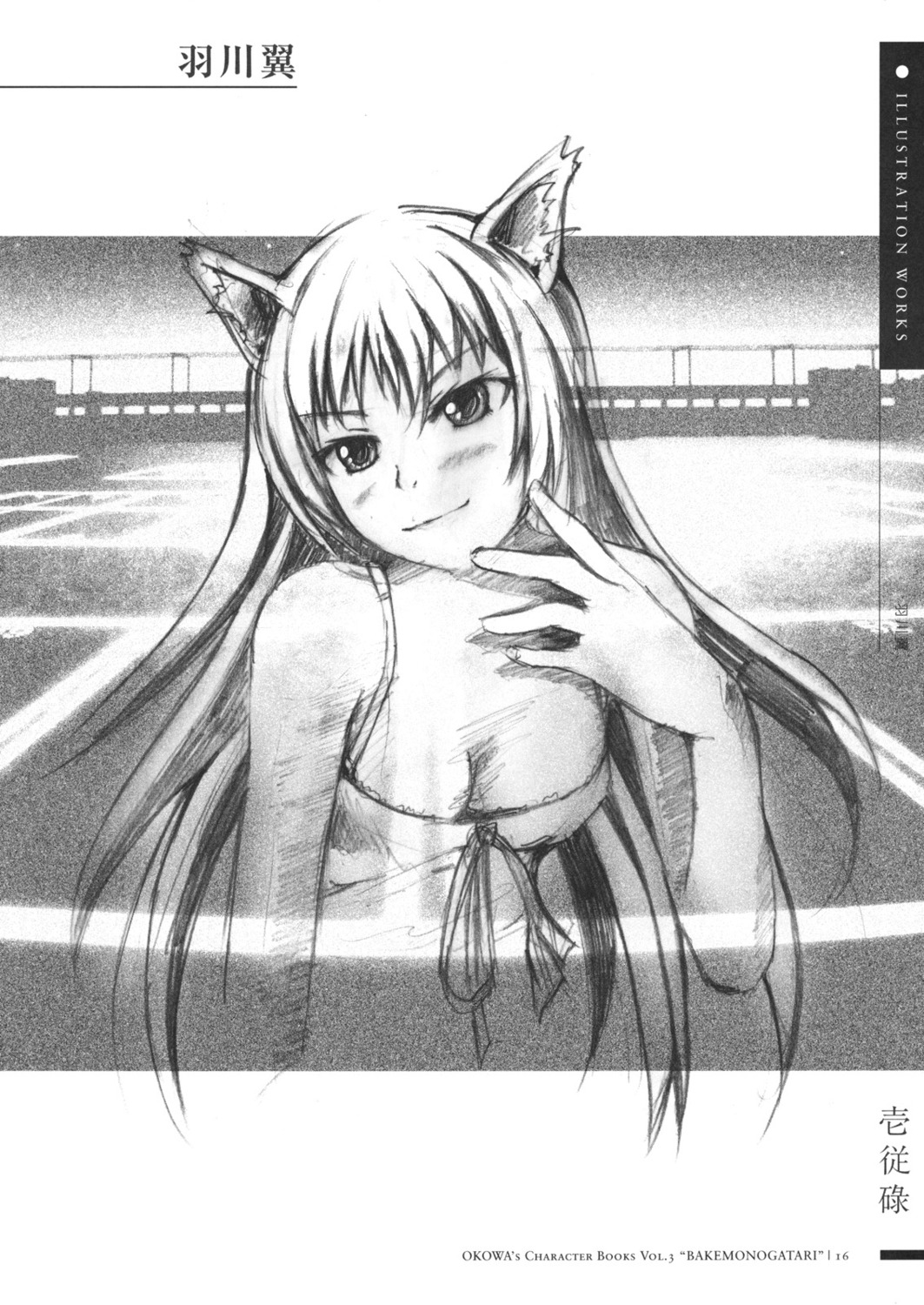 animal_ears bakemonogatari black_hanekawa cleavage hanekawa_tsubasa monochrome monogatari_(series) nekomimi okowa