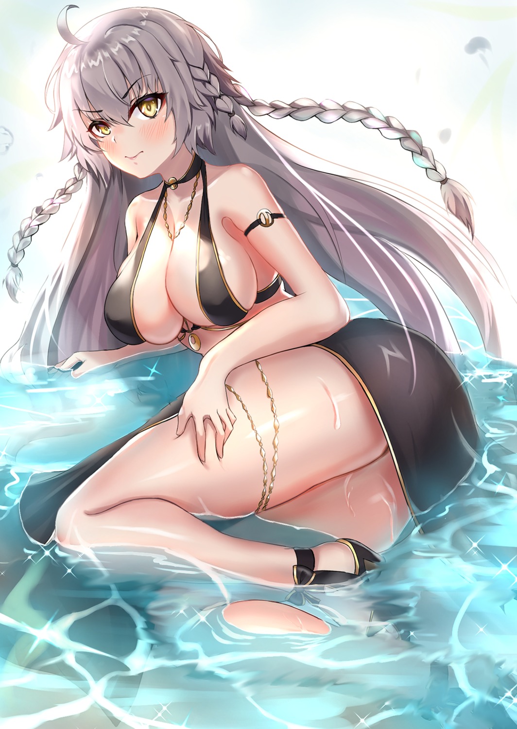 bikini fate/grand_order garter jeanne_d'arc jeanne_d'arc_(alter)_(fate) ltsum skirt_lift swimsuits wet