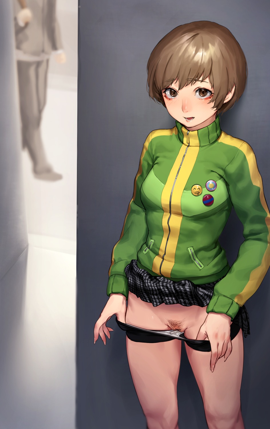 beeeeen_213 bike_shorts censored megaten pantsu panty_pull persona persona_4 pubic_hair pussy pussy_juice satonaka_chie skirt_lift undressing