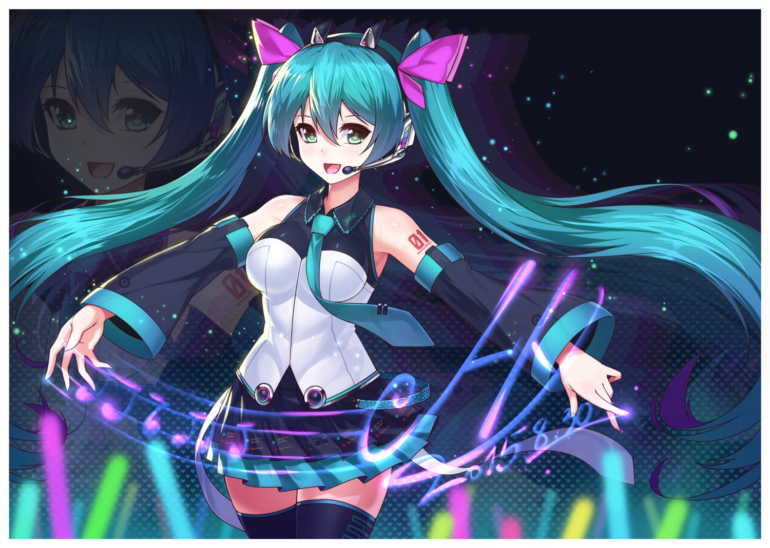 hatsune_miku headphones huang_xie tattoo thighhighs vocaloid