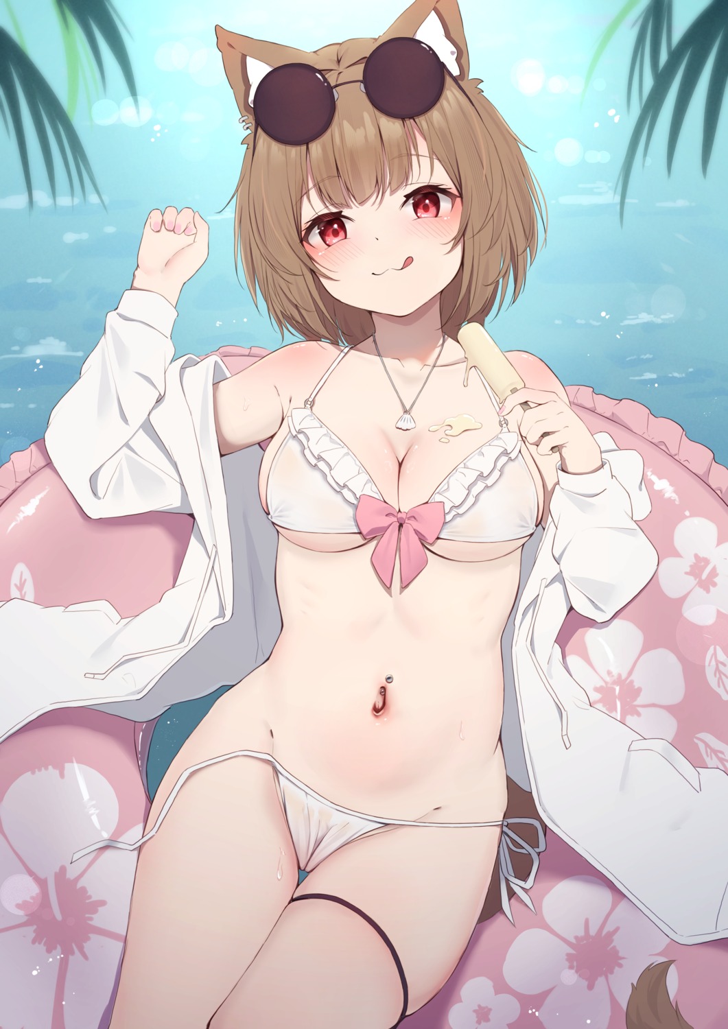 animal_ears bikini cameltoe cream garter hinata_(pixiv53862745) megane nekomimi open_shirt panty_pull see_through swimsuits tail wet_clothes