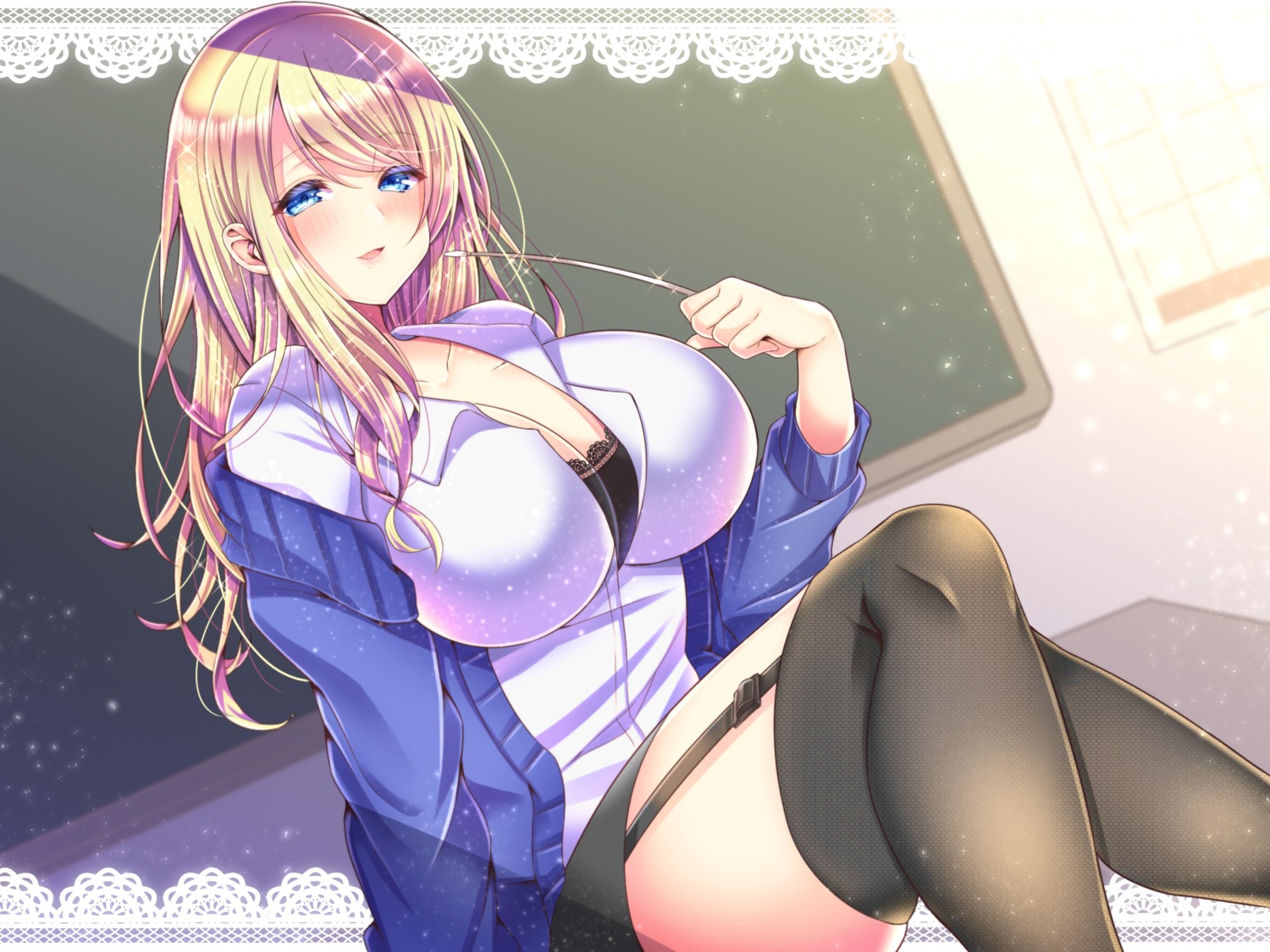 aizawa_chihiro bra cleavage open_shirt stockings sweater thighhighs