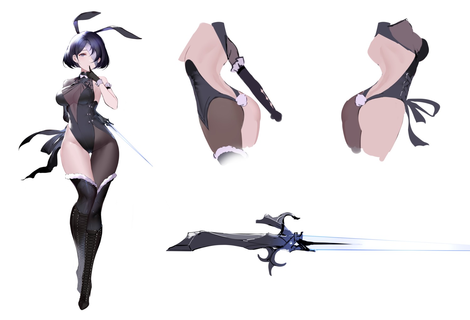 an_yasuri animal_ears ass bunny_ears bunny_girl character_design heels no_bra see_through sketch sword tail thighhighs