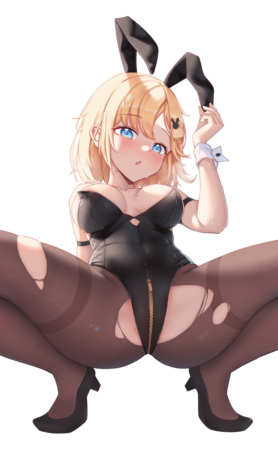 animal_ears areola bunny_ears bunny_girl heels hololive hololive_english nipple_slip no_bra pantyhose shironekokfp torn_clothes wardrobe_malfunction watson_amelia