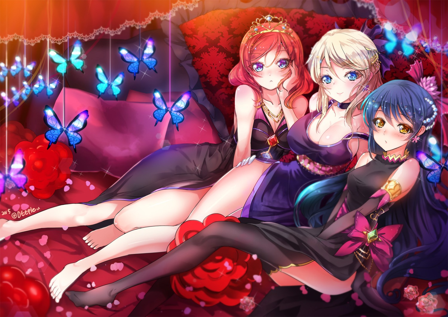 ayase_eli cleavage deeple dress love_live! nishikino_maki sonoda_umi thighhighs