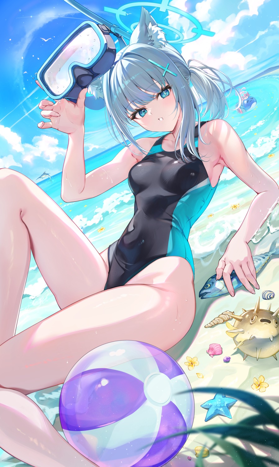 animal_ears blue_archive bochibochi_(gyuuniku_6000) halo nekomimi sunaookami_shiroko swimsuits