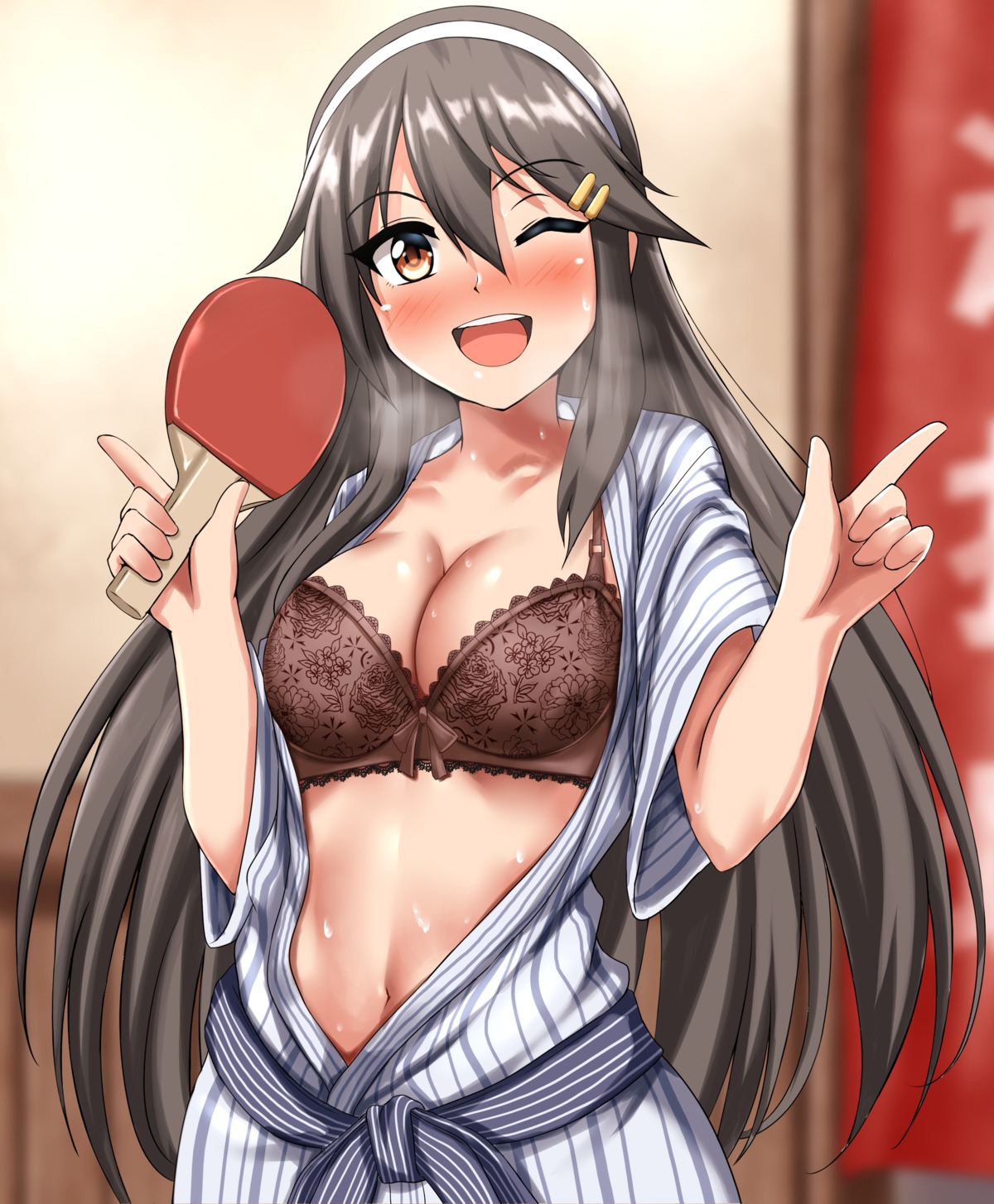 bra haruna_(kancolle) kantai_collection open_shirt wet yukata zanntetu