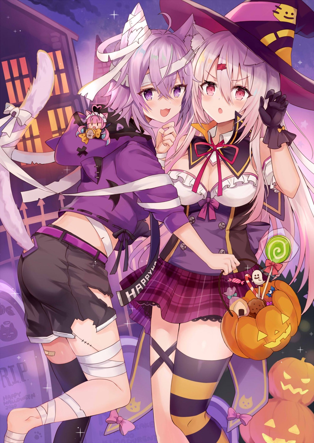 animal_ears ass bandages bandaid chibi cleavage crossover garter halloween hololive hololive_gamers nekomata_okayu nekomimi nijisanji nijisanji_gamers no_bra shiina_yuika tagme tail thighhighs torn_clothes witch