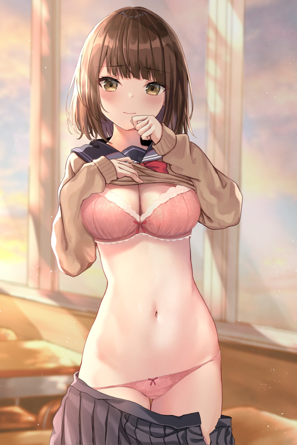 akino_ell artist_revision bra breast_hold cleavage pantsu panty_pull seifuku shirt_lift sweater wardrobe_malfunction