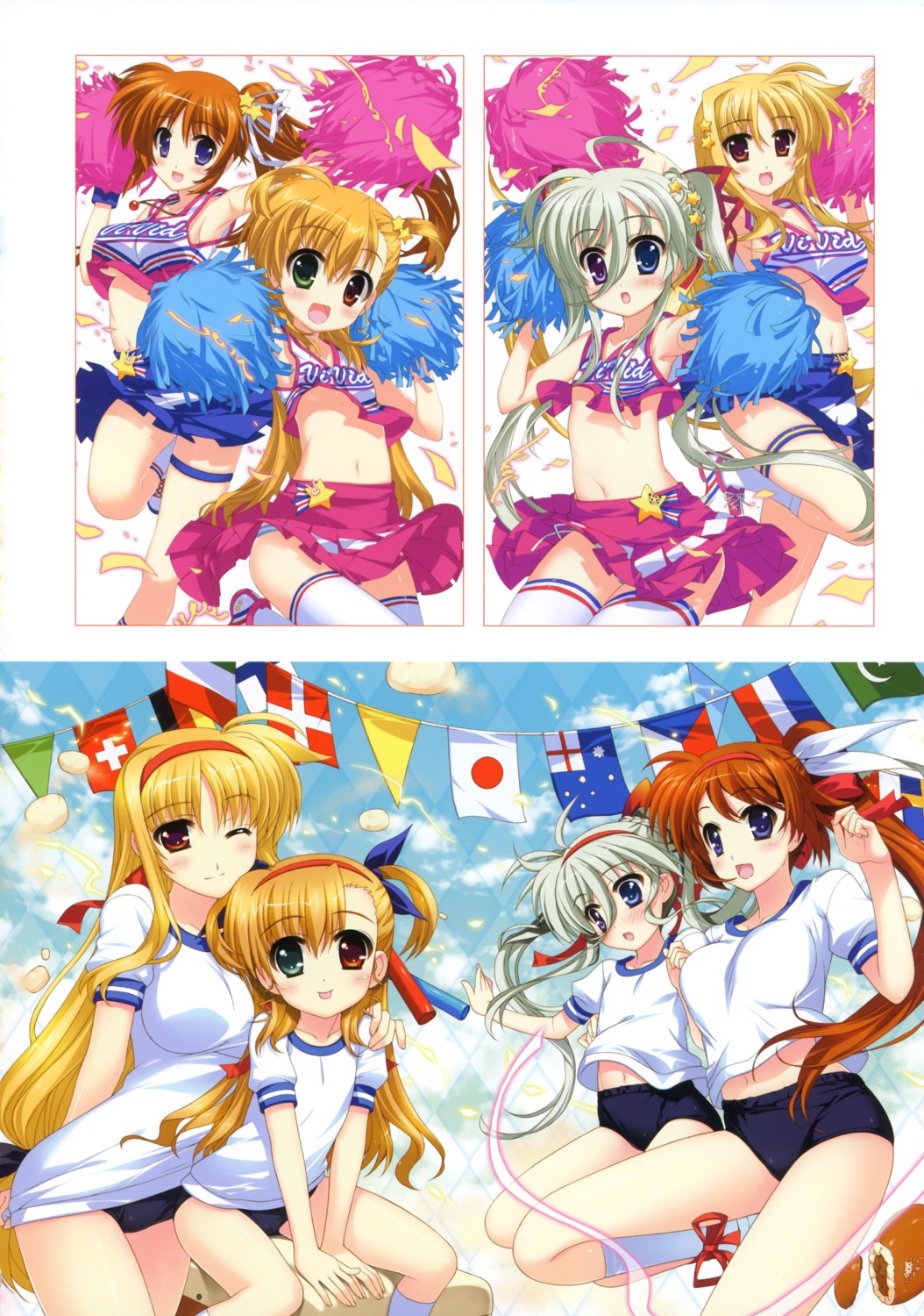 buruma cheerleader einhart_stratos fate_testarossa fujima_takuya gym_uniform heterochromia mahou_shoujo_lyrical_nanoha mahou_shoujo_lyrical_nanoha_vivid takamachi_nanoha thighhighs vivio