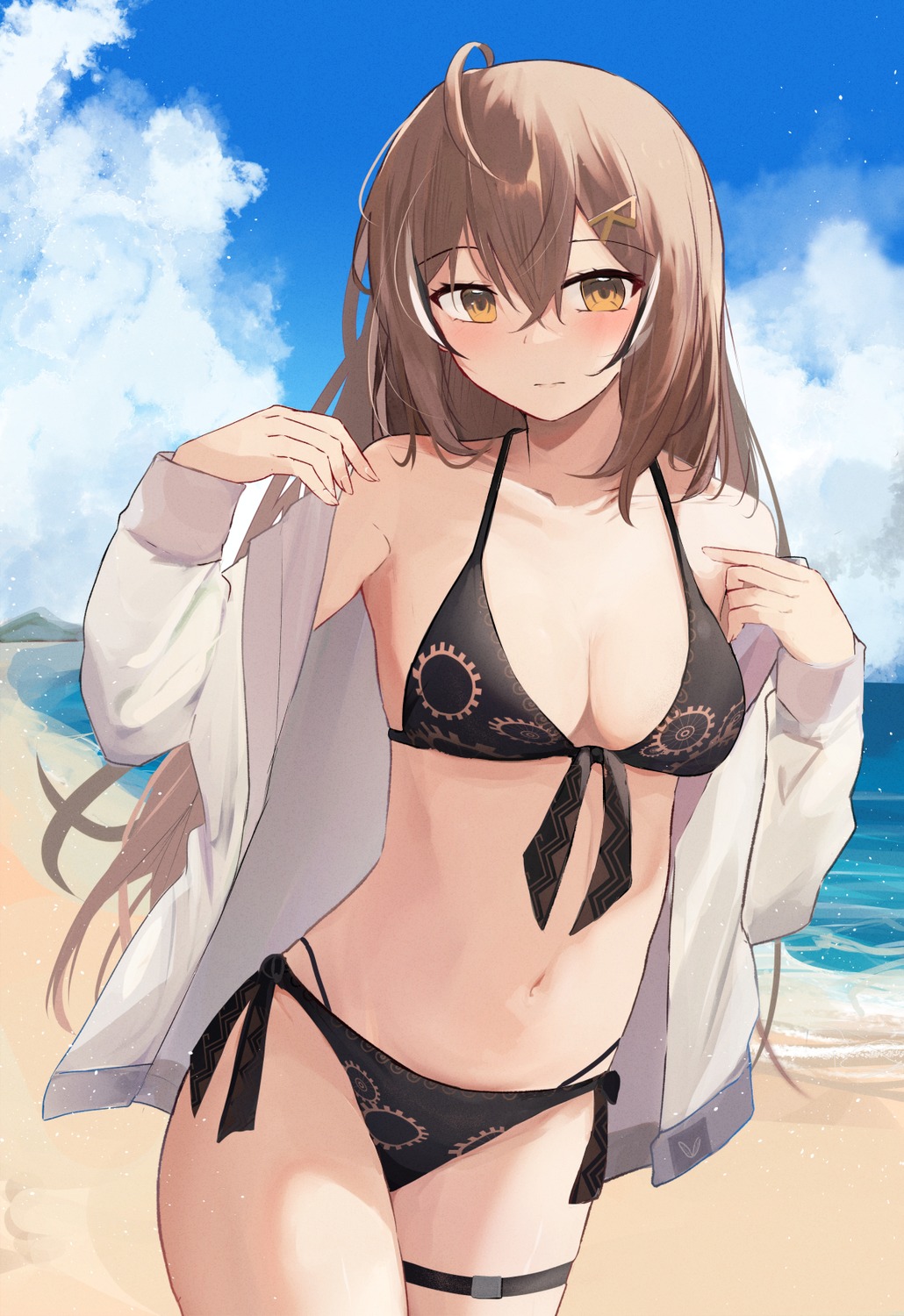 bikini garter hololive hololive_english nanashi_mumei open_shirt shuuzo3 swimsuits undressing