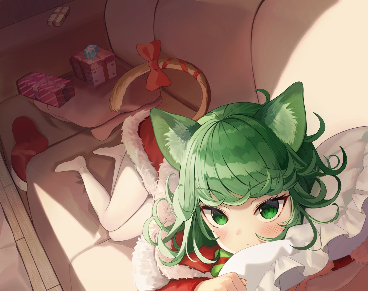 animal_ears bitseon christmas nekomimi one_punch_man pantyhose tail tatsumaki_(one_punch_man)