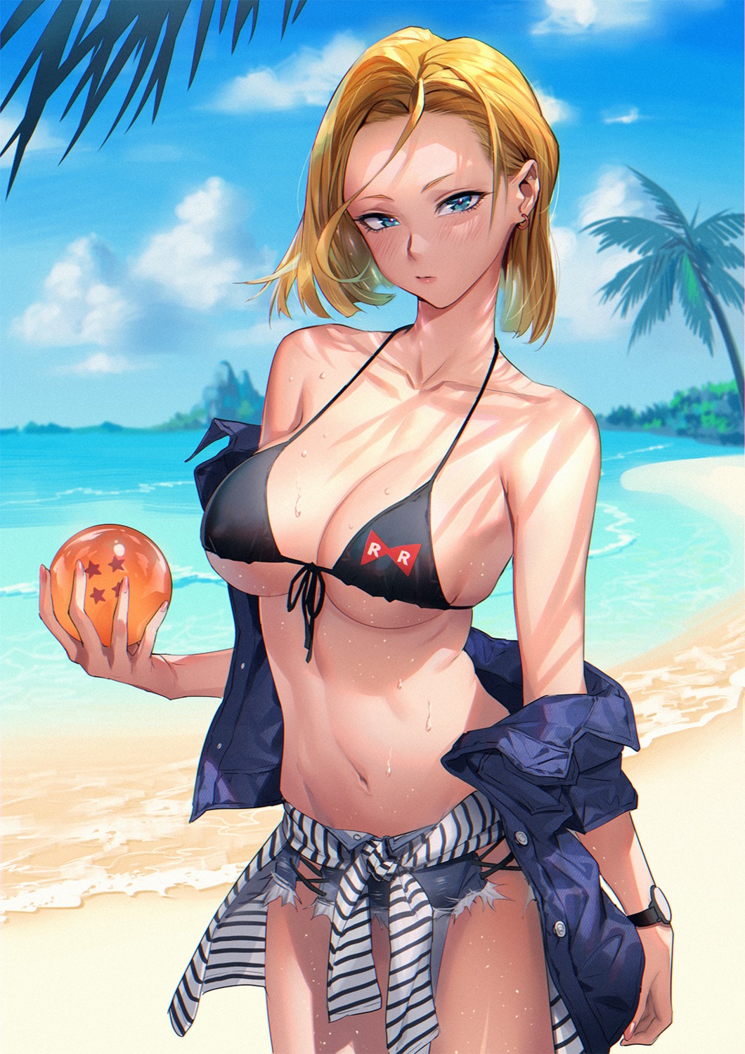 android_18 bikini dragon_ball dragon_ball_z mhk_(mechamania) open_shirt swimsuits