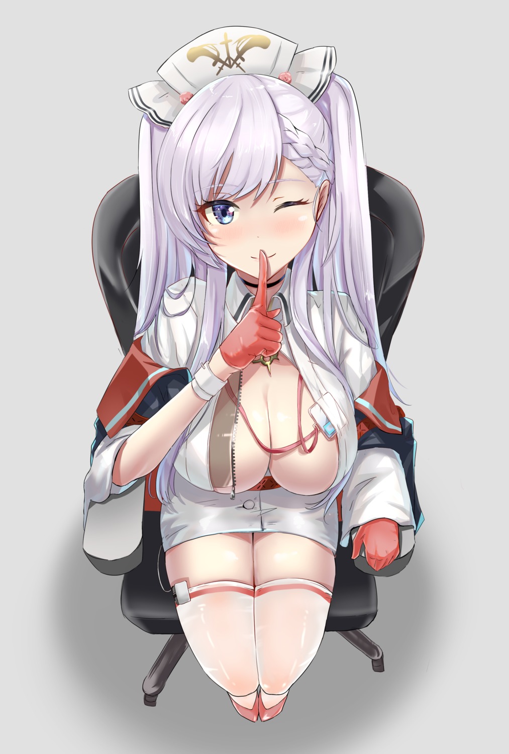 azur_lane belfast_(azur_lane) cosplay marumai no_bra nurse open_shirt perseus_(azur_lane) thighhighs