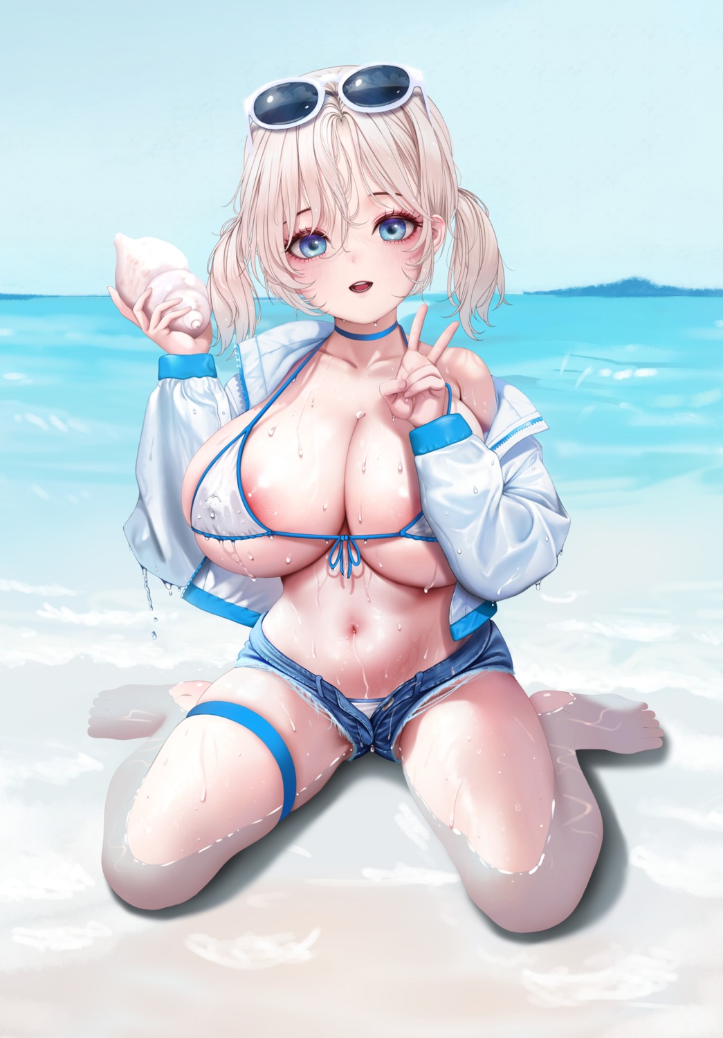 areola bikini erect_nipples garter madan_(kkh8936) megane open_shirt swimsuits wet