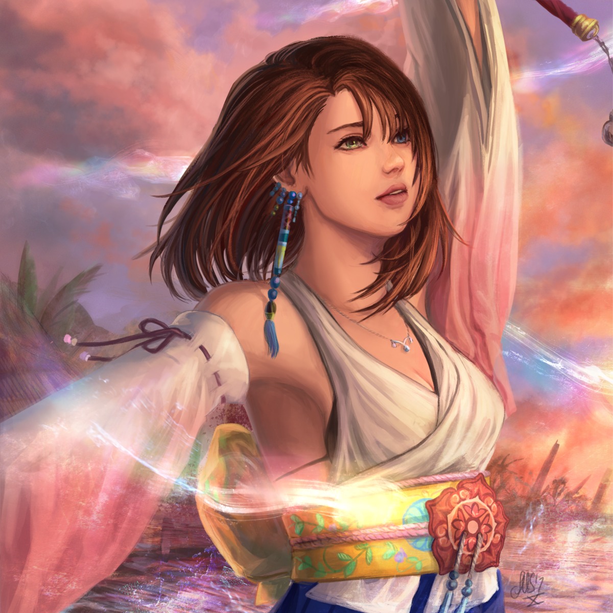 cleavage dicesms final_fantasy final_fantasy_x heterochromia japanese_clothes yuna