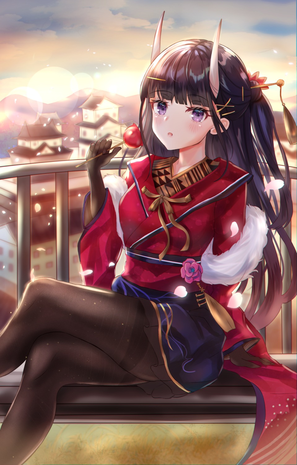 azur_lane horns japanese_clothes noshiro_(azur_lane) panipo pantyhose skirt_lift