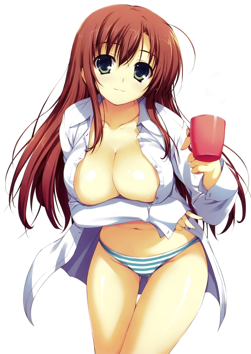 breast_hold cleavage dress_shirt no_bra open_shirt pantsu shimapan tomose_shunsaku