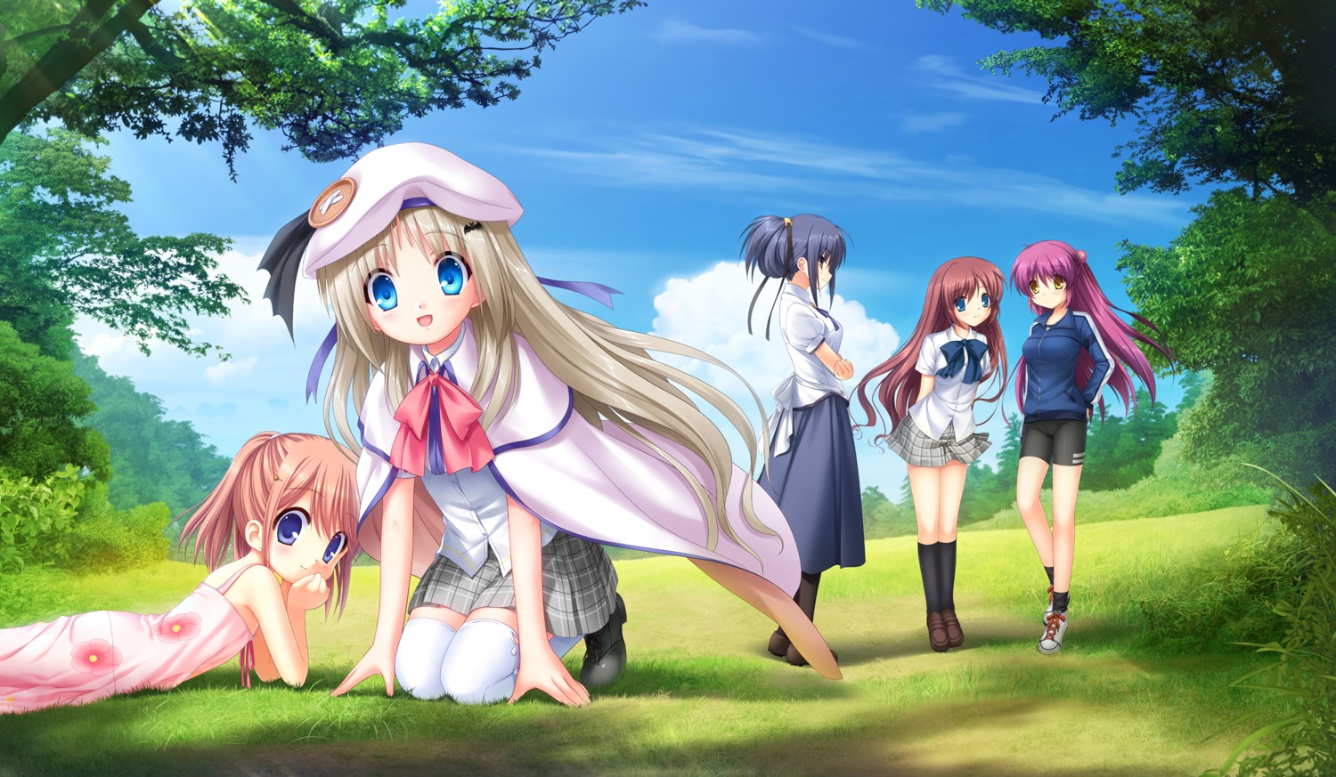 a-chan_senpai arizuki_shiina bike_shorts dress futaki_kanata gym_uniform himuro_yuuki hinoue_itaru key kud_wafter little_busters! na-ga noumi_kudryavka seifuku skirt_lift summer_dress thighhighs