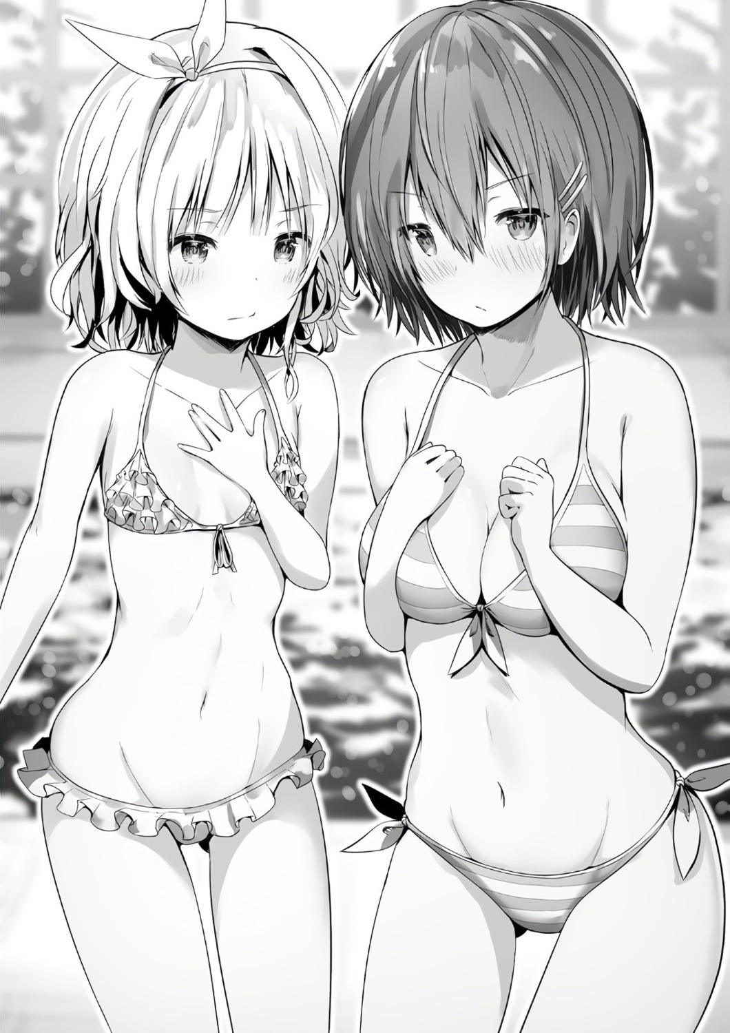 bikini breast_hold cleavage kawaikereba_hentai_demo_suki_ni_natte_kuremasu_ka? kiryuu_mizuha koga_yuika monochrome sune_(mugendai) swimsuits