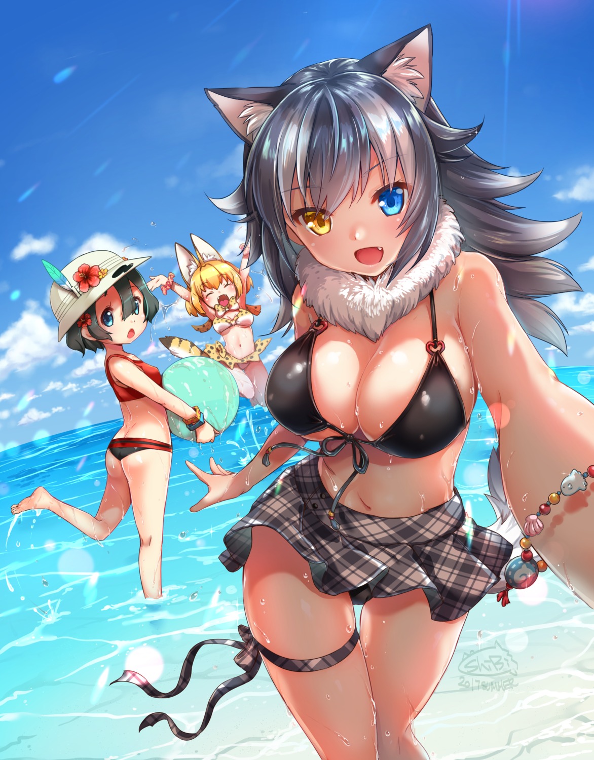 animal_ears ass bikini cleavage grey_wolf heterochromia kaban_(kemono_friends) kemono_friends serval shibi swimsuits tail wet