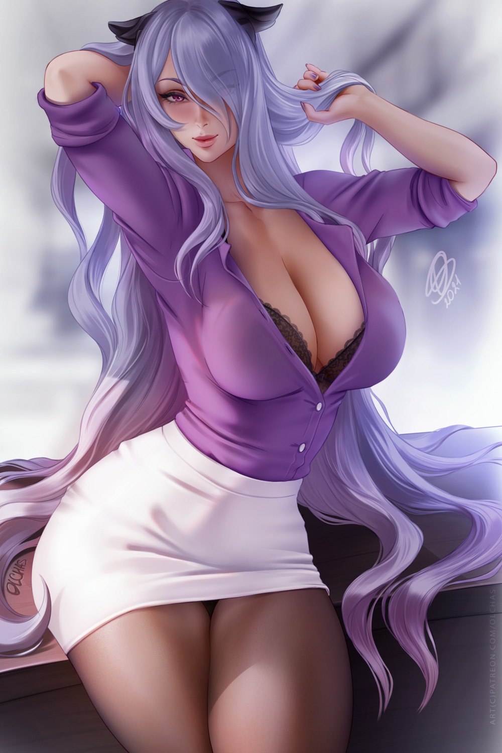 animal_ears bra camilla dress_shirt fire_emblem fire_emblem_if olchas open_shirt pantyhose skirt_lift