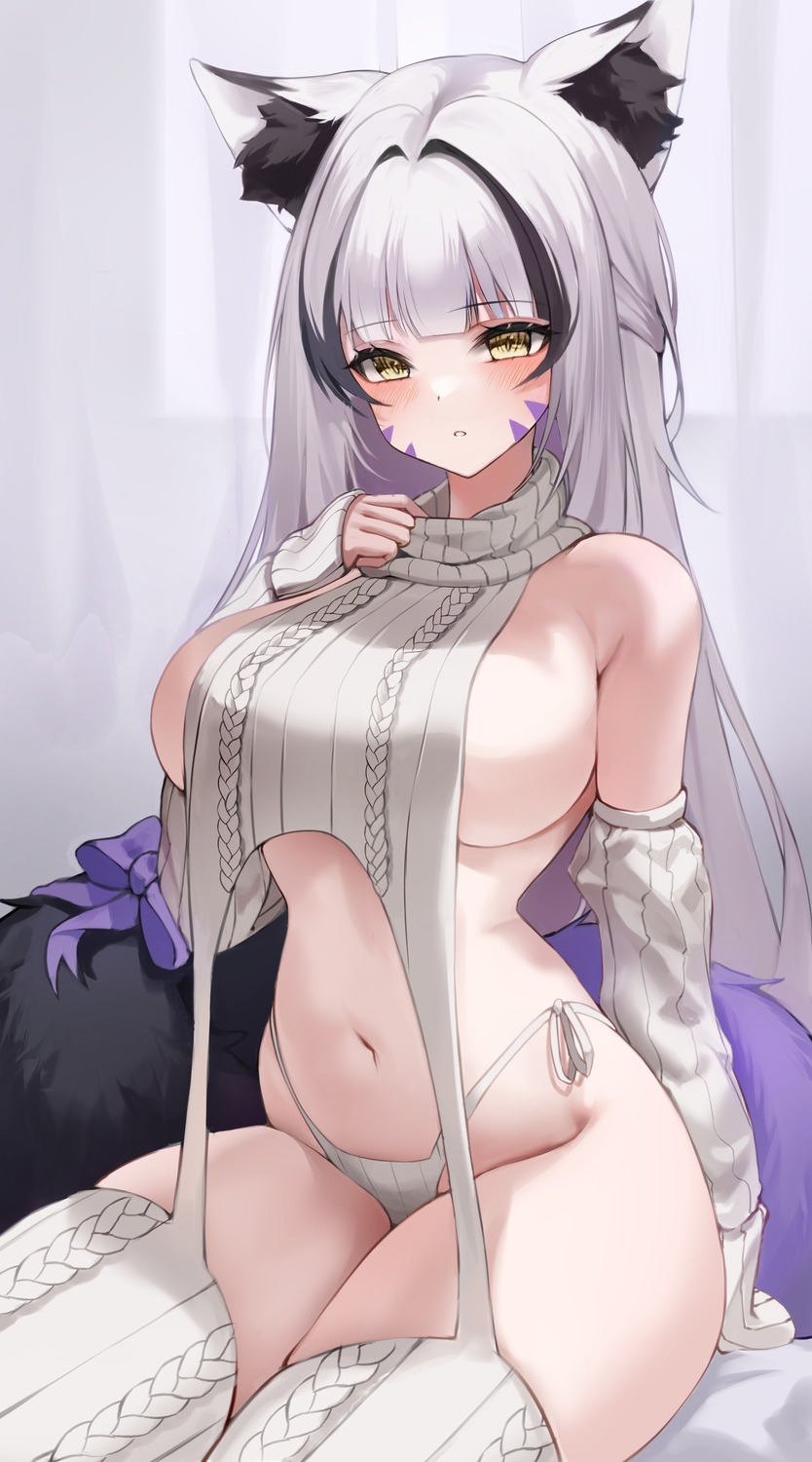 animal_ears haku_(liiixixixiii) no_bra pantsu stockings sweater thighhighs thong