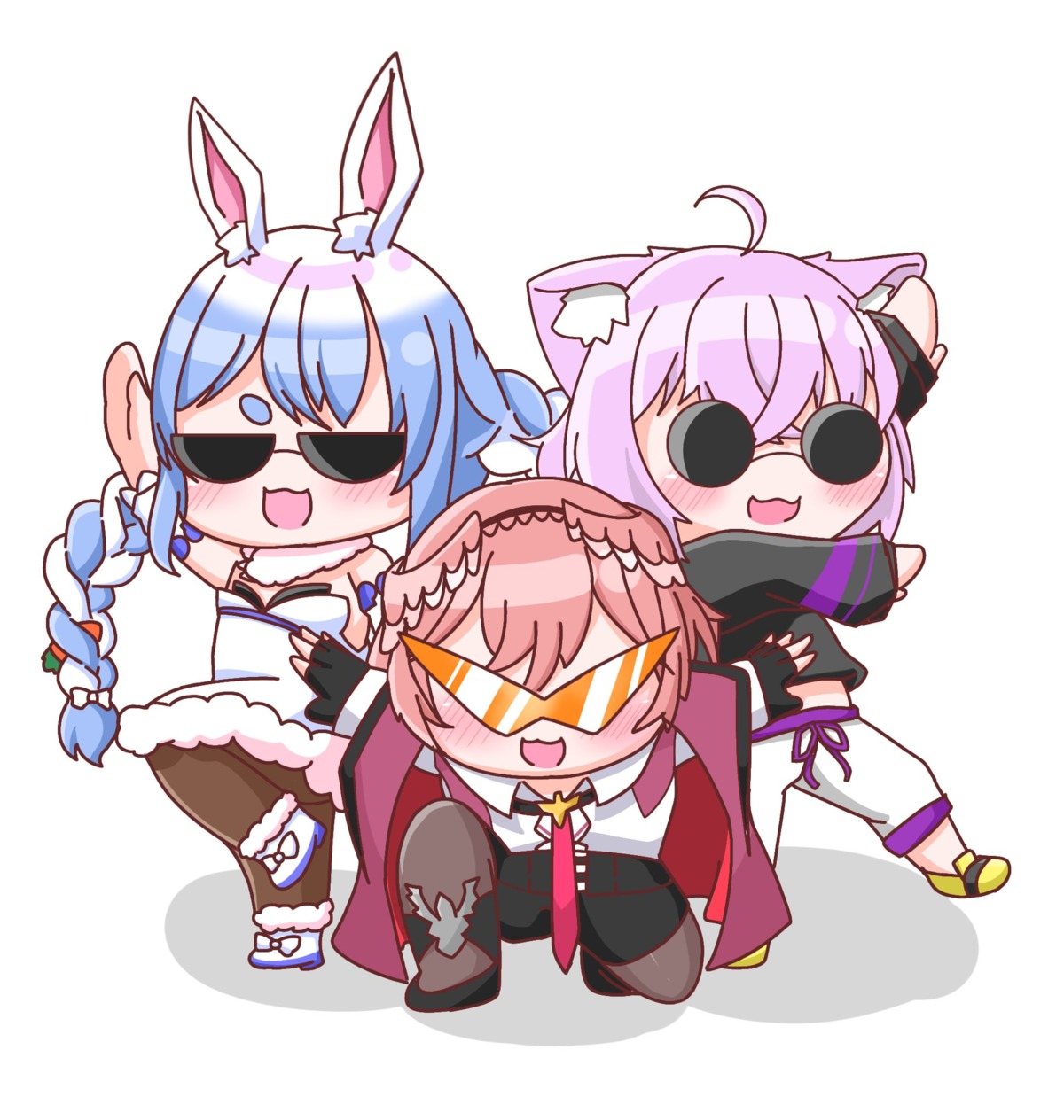 animal_ears bunny_ears chibi g6rzs_ichigo hololive hololive_gamers megane nekomata_okayu nekomimi pantyhose takane_lui uniform usada_pekora wings