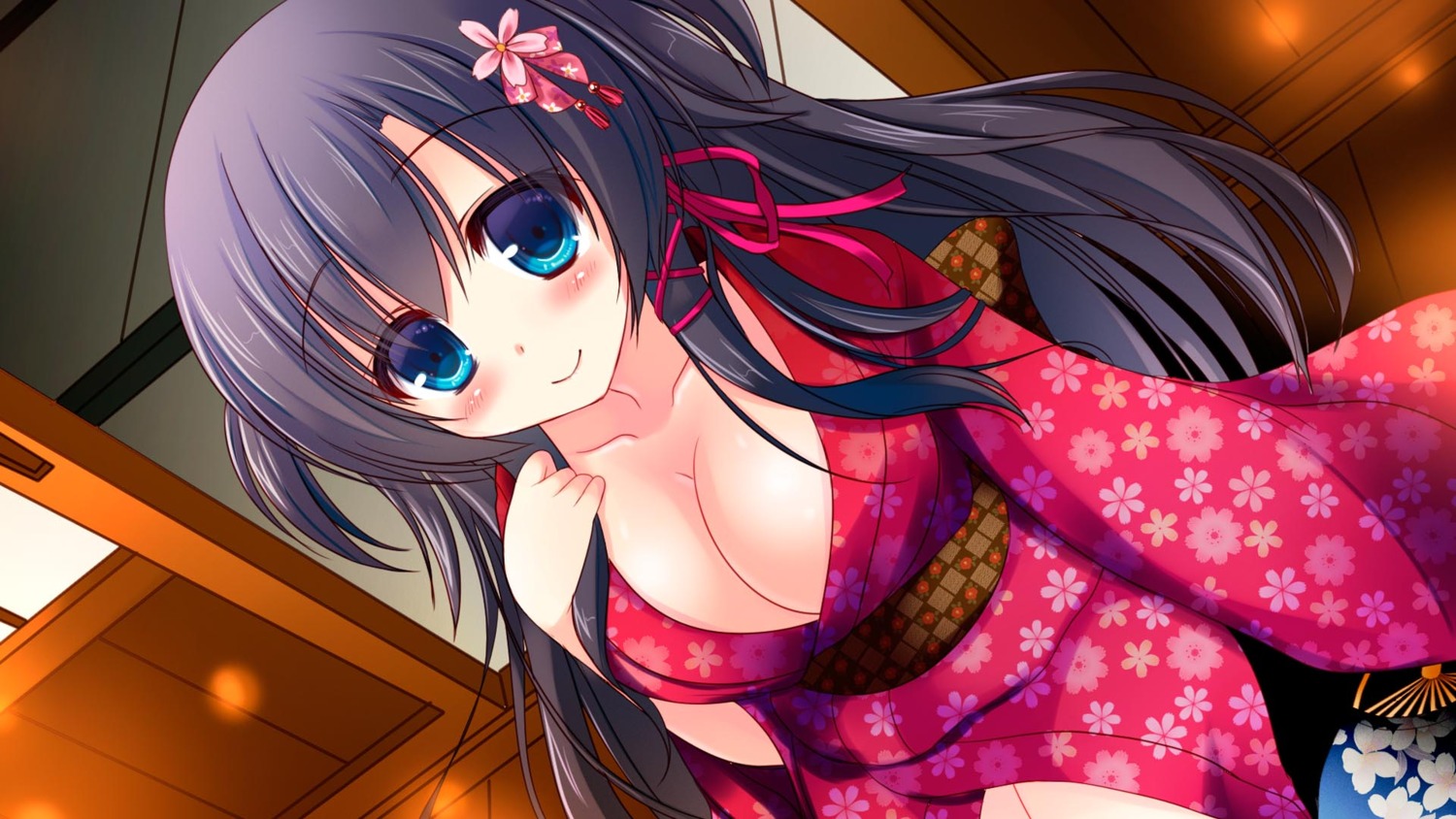 cleavage jitaku_studio jpeg_artifacts kamishiro_rushia naderebo! open_shirt wallpaper yukata yuziki_hina