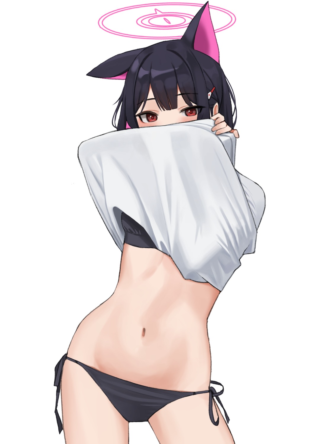 animal_ears blue_archive bra halo kyouyama_kazusa momocadraw nekomimi pantsu shirt_lift string_panties undressing