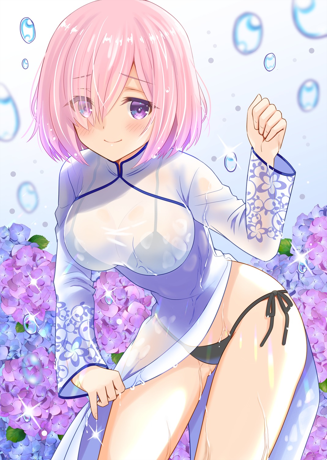 bra chinadress fate/grand_order mash_kyrielight pantsu see_through skirt_lift string_panties uonuma_yuu wet wet_clothes