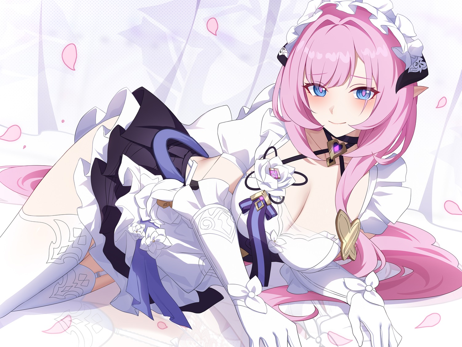 benghuai_xueyuan cleavage elysia_(honkai_impact) honkai_impact horns maid pointy_ears see_through stockings thighhighs wu_ganlan_cai