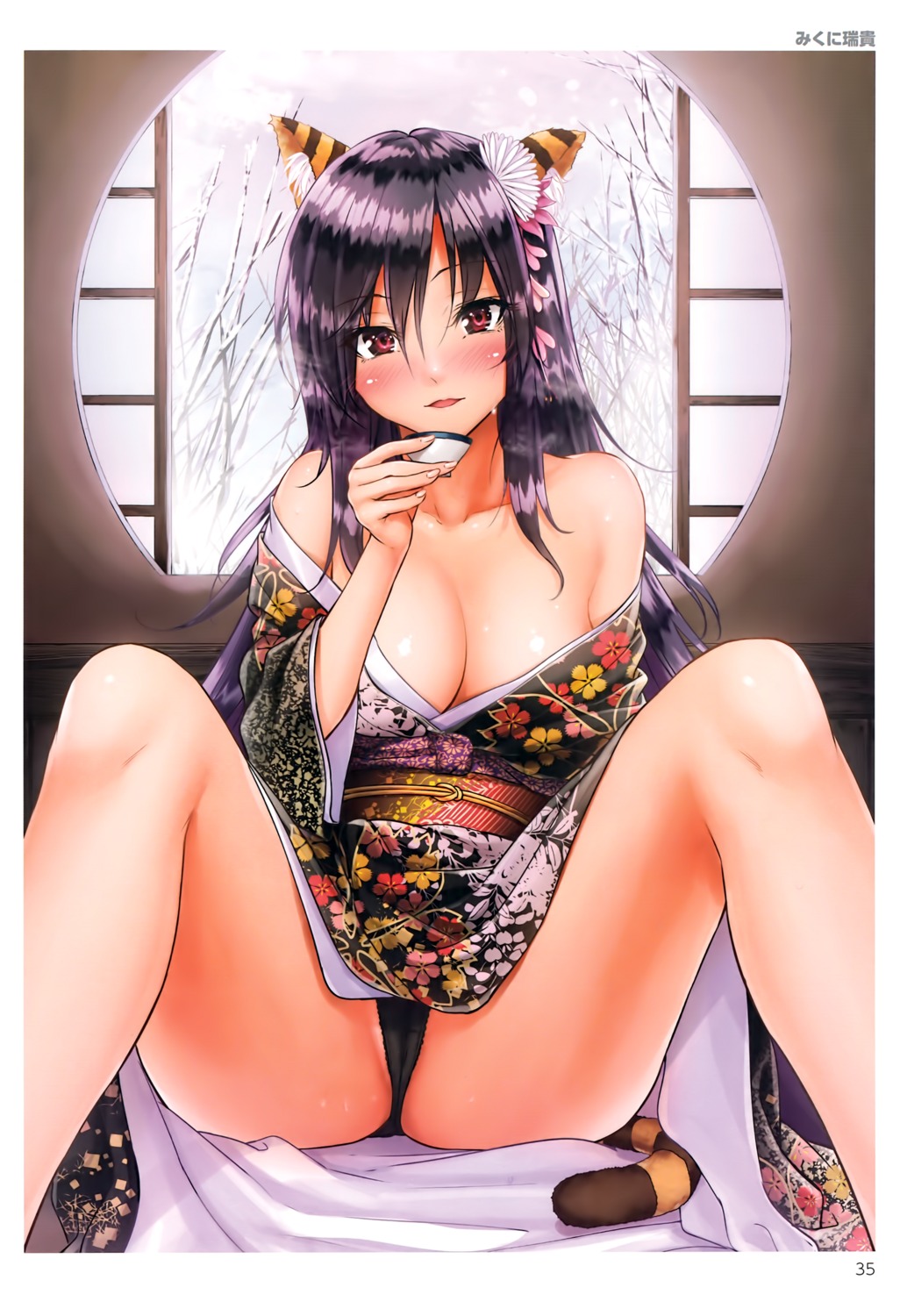 animal_ears cameltoe cleavage kimono mikuni_mizuki open_shirt pantsu tail toranoana