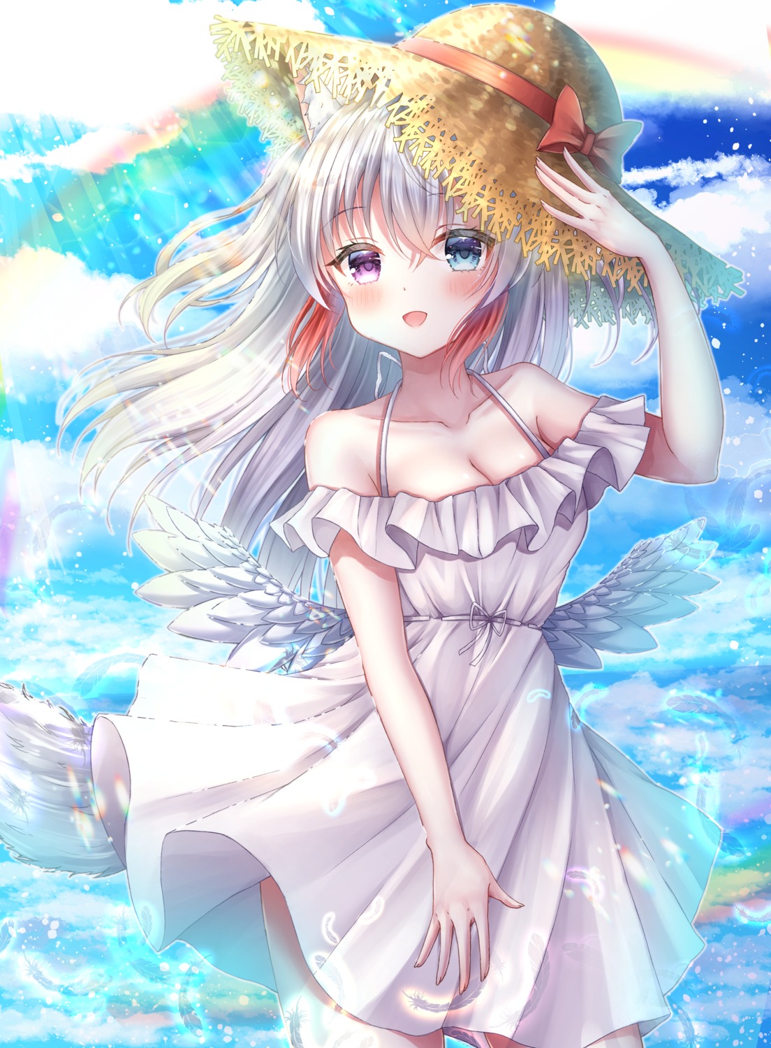 animal_ears cleavage dress heterochromia kano_(kannoyoko) summer_dress wings