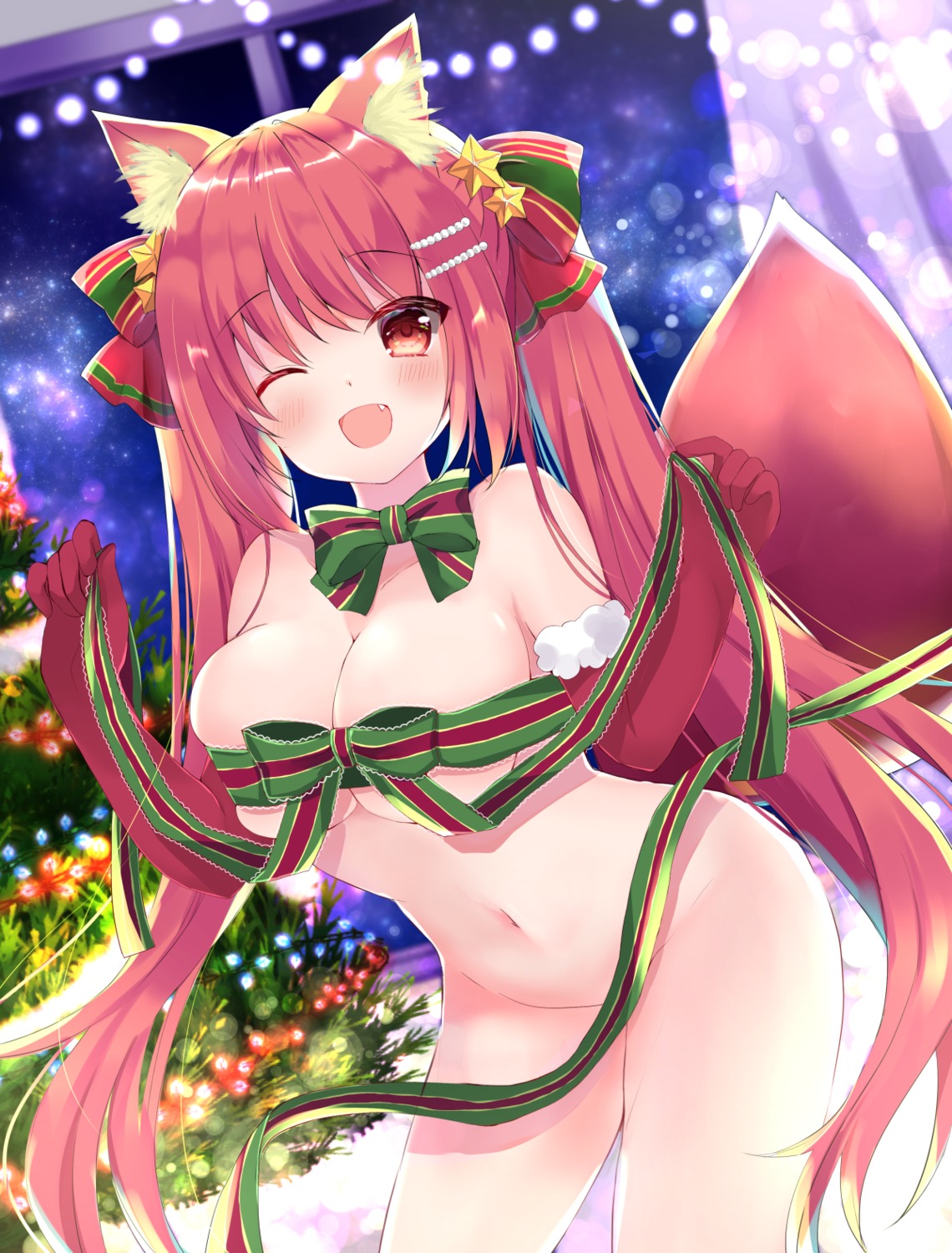 animal_ears christmas hamico kitsune naked_ribbon tail