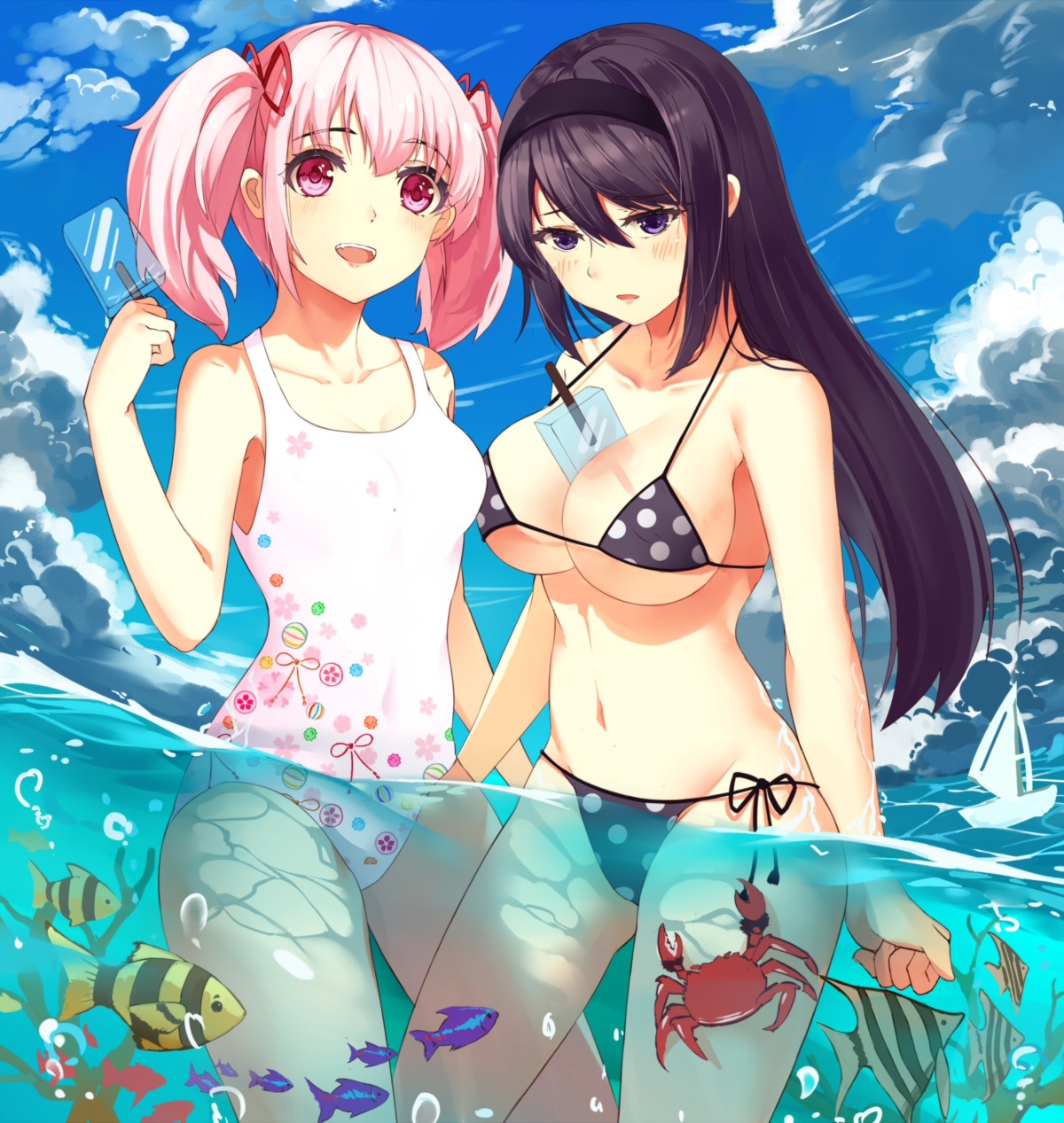 akemi_homura baisi_shaonian bikini cleavage kaname_madoka puella_magi_madoka_magica swimsuits underboob wet