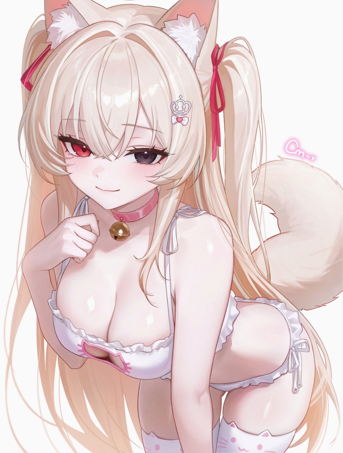 animal_ears bra heterochromia jpeg_artifacts lee_jooin mumu_muw pantsu string_panties tail thighhighs v-lup