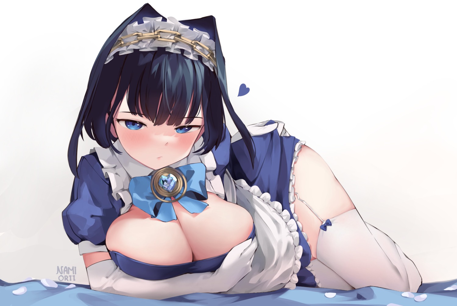 breast_hold hololive hololive_english maid namiorii no_bra ouro_kronii skirt_lift stockings thighhighs