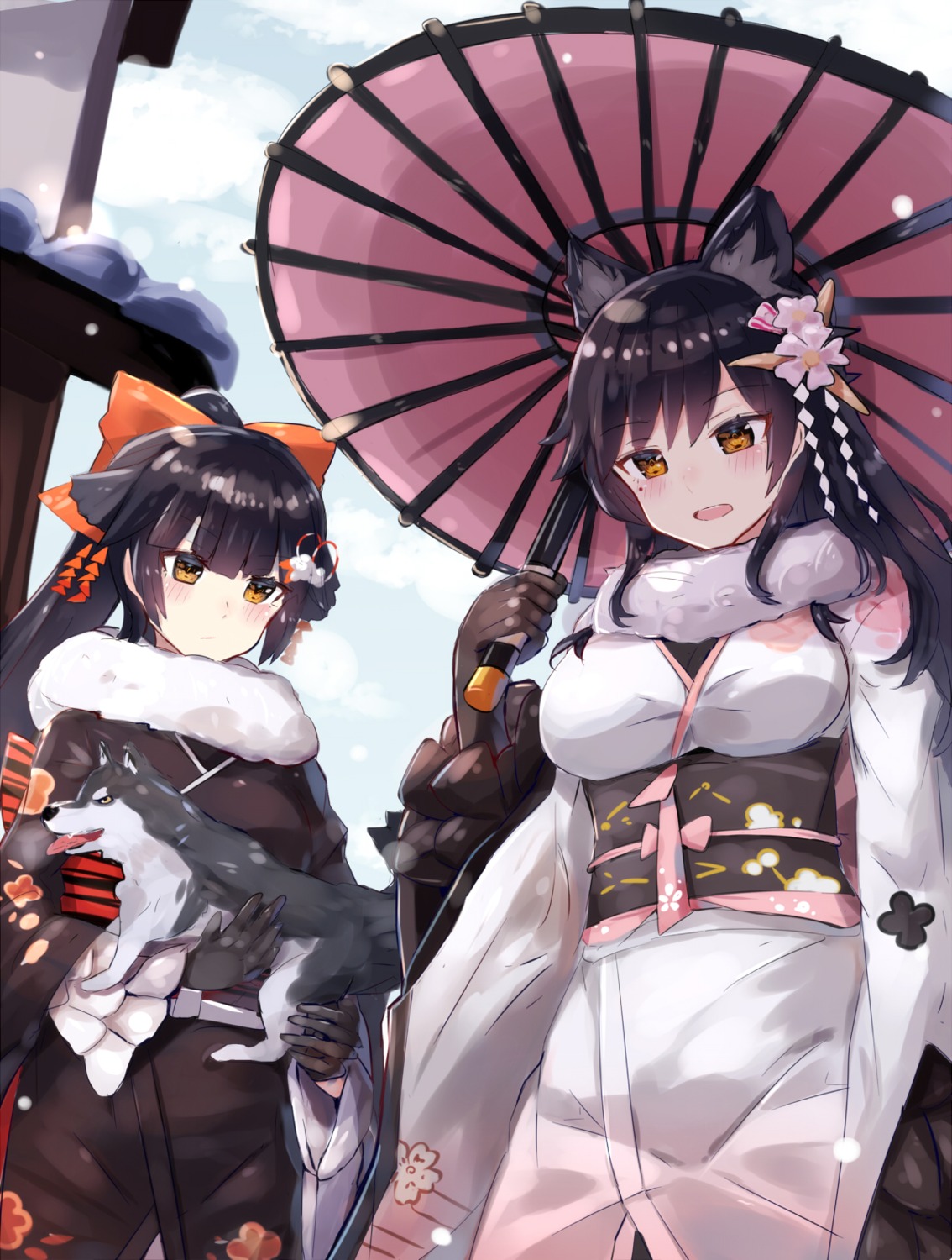 animal_ears atago_(azur_lane) azur_lane kimono takao_(azur_lane) umbrella xenonstriker