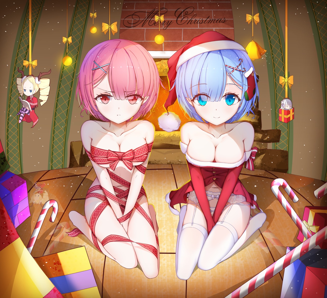 asa_ni_haru beatrice_(re_zero) bondage christmas dress garter_belt horns naked_ribbon open_shirt pantyhose ram_(re_zero) re_zero_kara_hajimeru_isekai_seikatsu rem_(re_zero) stockings thighhighs