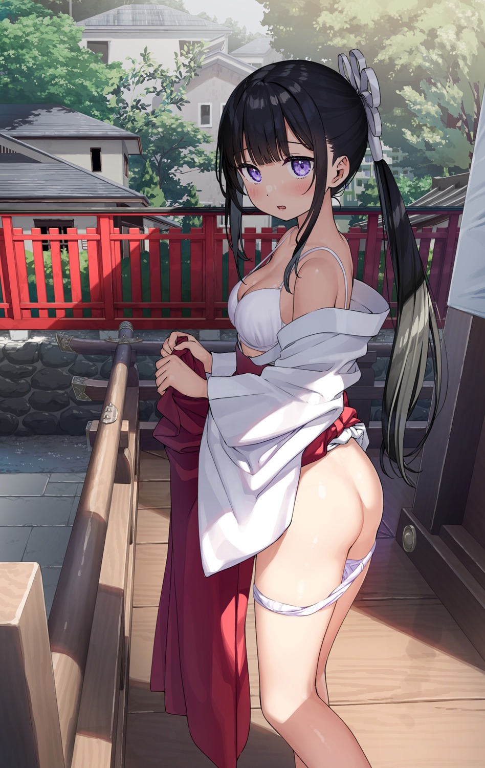 5_nenme_no_houkago ass bra kantoku miko open_shirt pantsu panty_pull skirt_lift