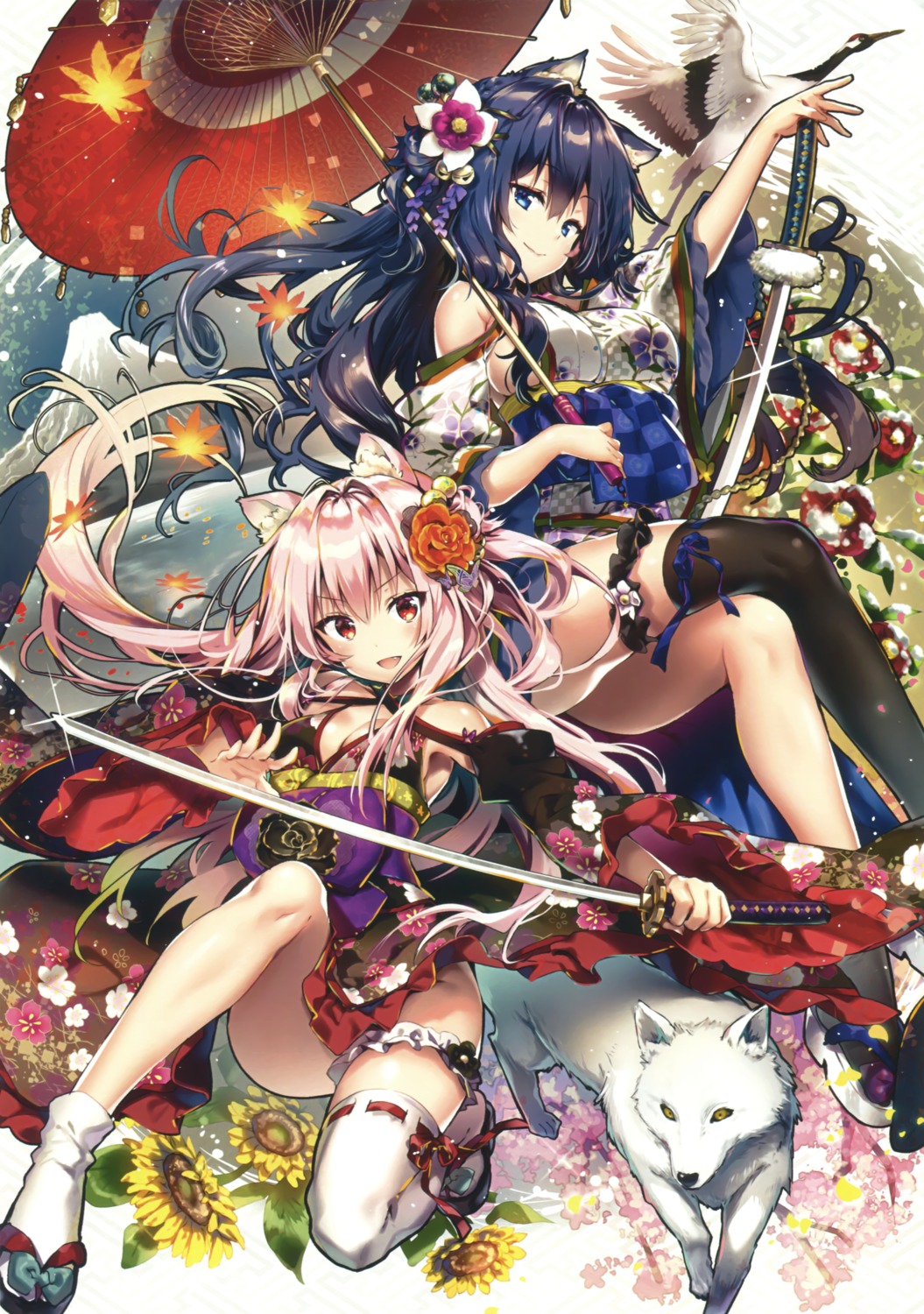 animal_ears garter japanese_clothes luanastia_fluegel rianastia_fluegel riichu sword thighhighs umbrella