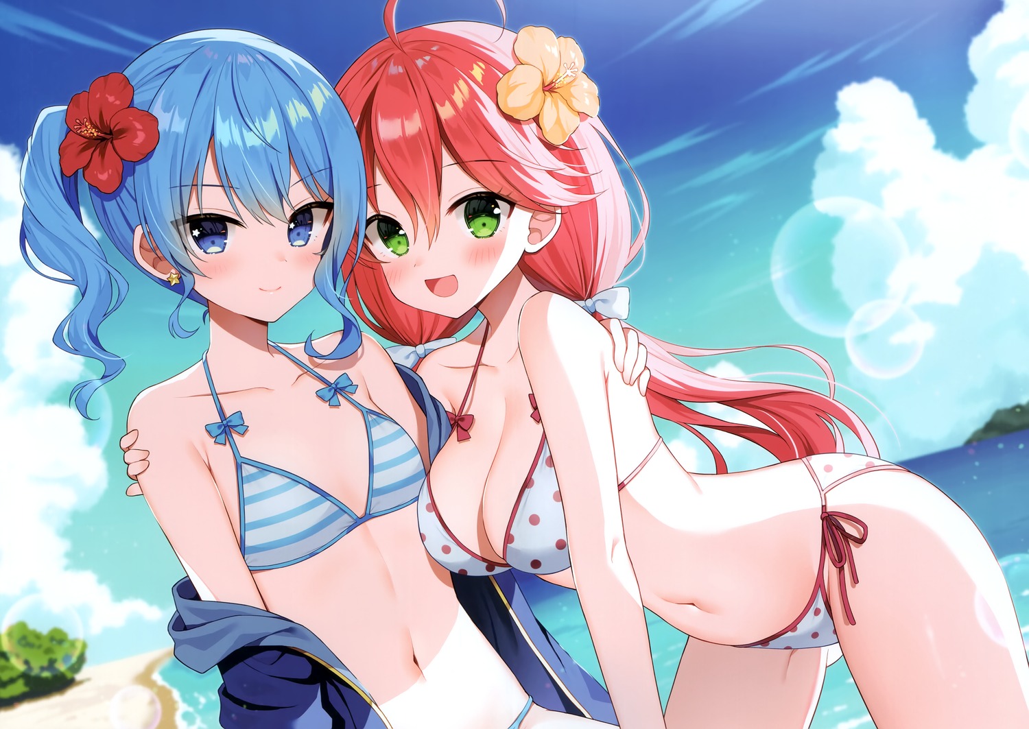 bikini hololive hoshimachi_suisei mauve open_shirt sakura_miko swimsuits wata★punch