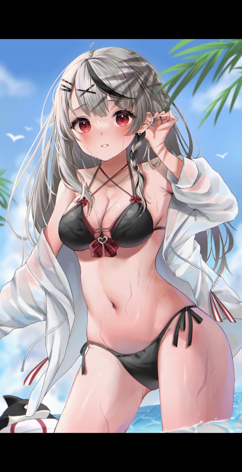 bikini hololive nichino open_shirt sakamata_chloe see_through swimsuits wet wet_clothes