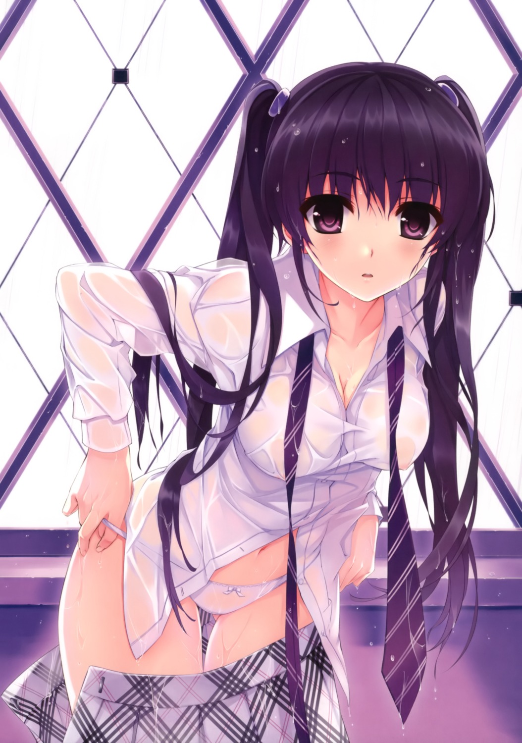 misaki_kurehito nipples no_bra pantsu see_through seifuku undressing wet_clothes