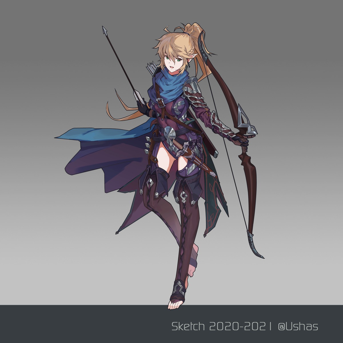 armor pointy_ears thighhighs ushas weapon